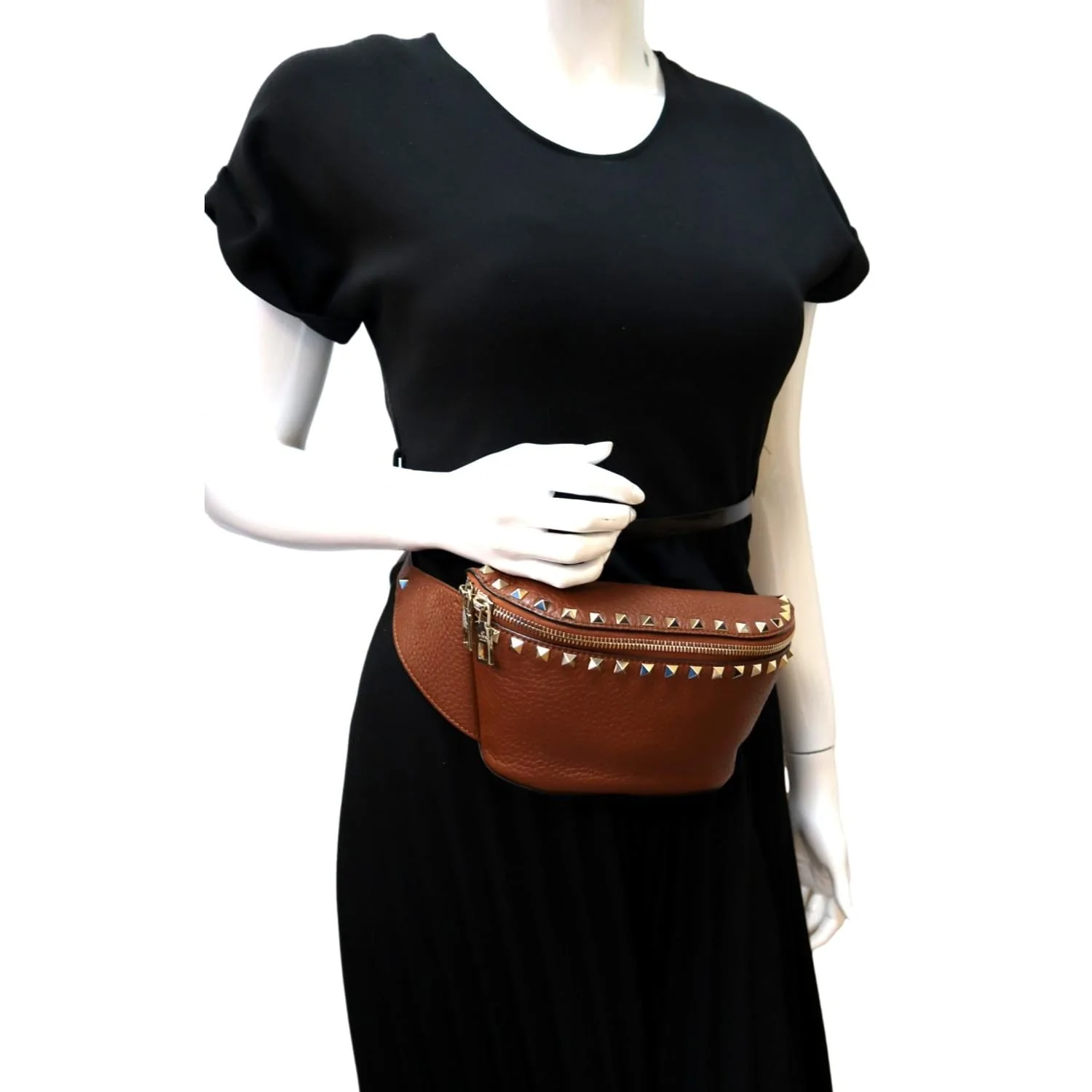 VALENTINO Rockstud Leather Crossbody Belt Bag Bright Cognac - Image 2
