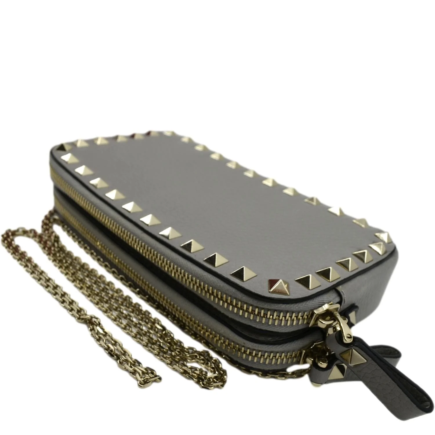 VALENTINO Double Zip Rockstud Leather Chain Crossbody Bag Grey - Image 6