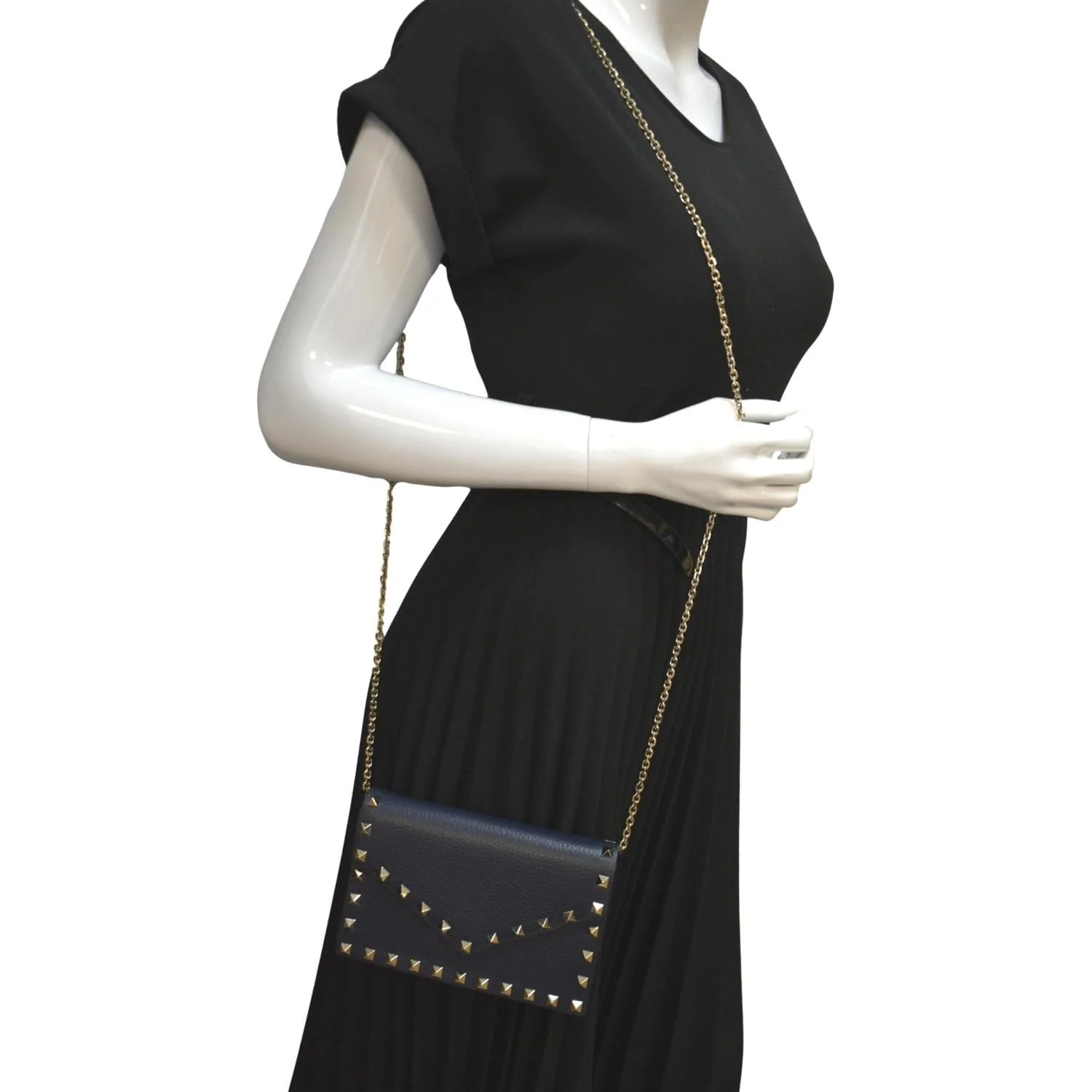 VALENTINO Garavani Rockstud Envelope Leather Chain Crossbody Bag Navy Blue - Image 2