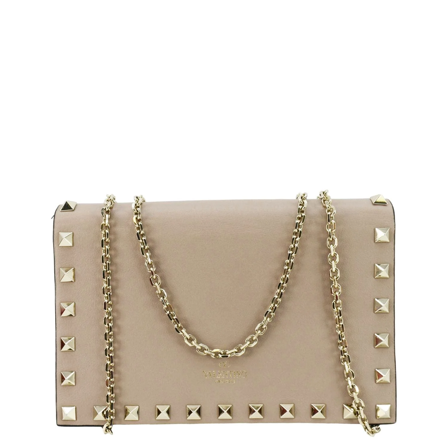 VALENTINO Rockstud Envelope Leather Chain Crossbody Bag Taupe - Image 5