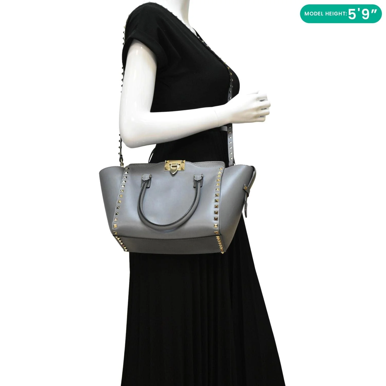 VALENTINO GARAVANI Rockstud Medium Leather Top Handle Shoulder Bag Dark Grey - Image 2