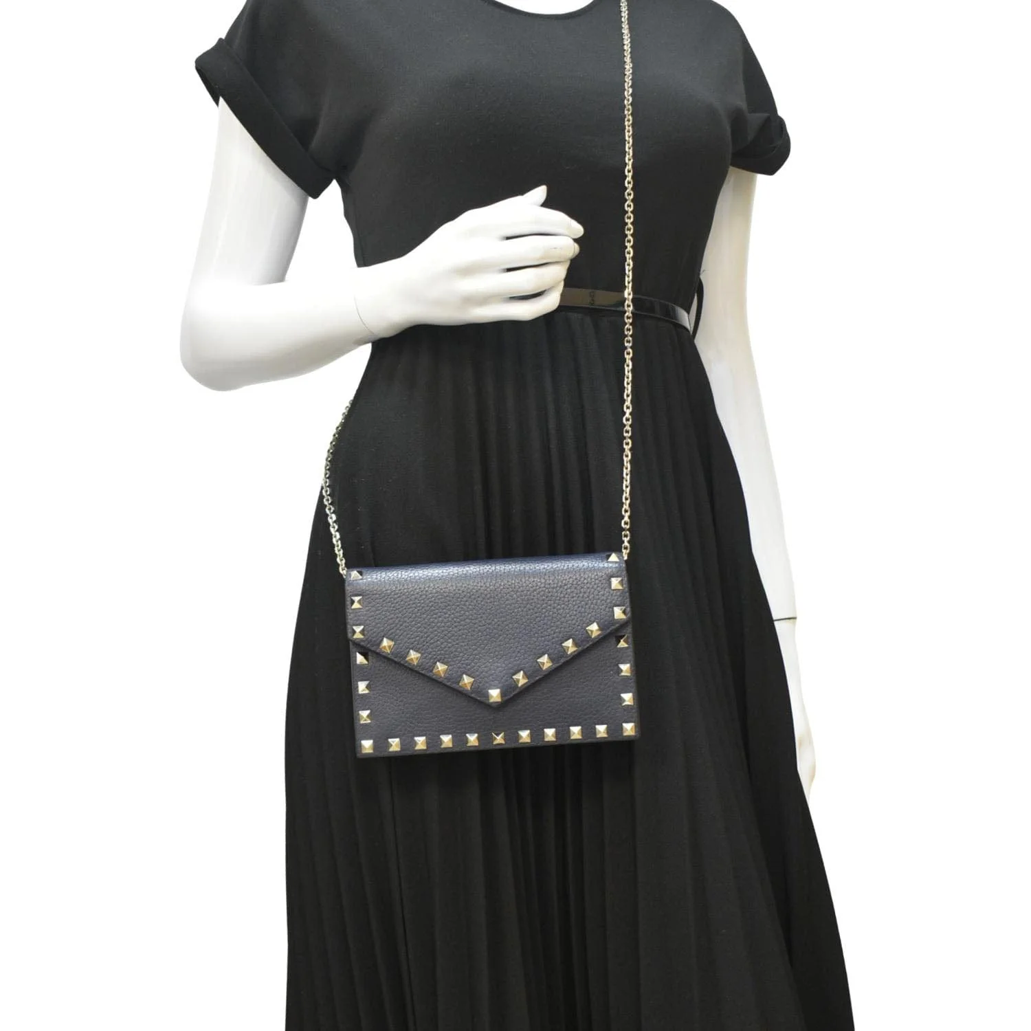 VALENTINO Rockstud Leather Wallet On Chain Crossbody Bag Navy Blue - Image 2