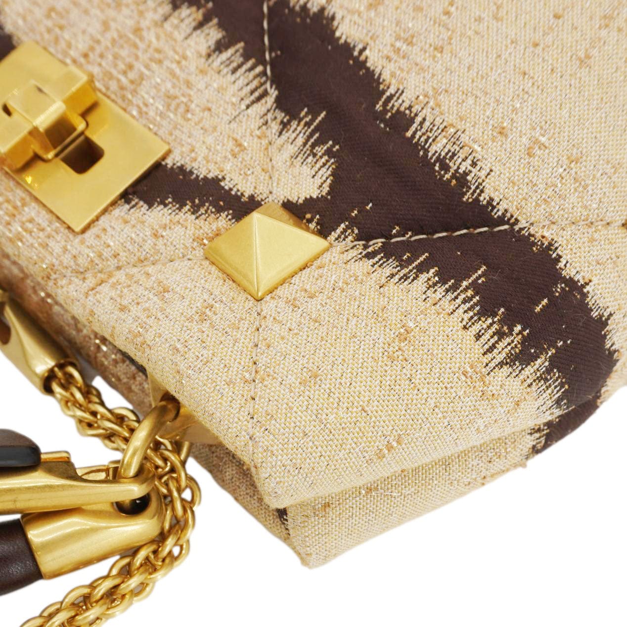 VALENTINO Roman Stud Vintage Tiger Print Top Handle Shoulder Bag Sand Gold - Image 7