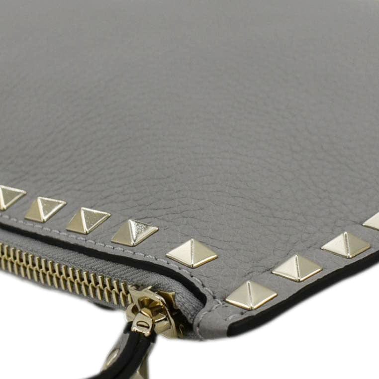 VALENTINO GARAVANI Rockstud Zip Clutch Leather Pouch Grey - Image 6