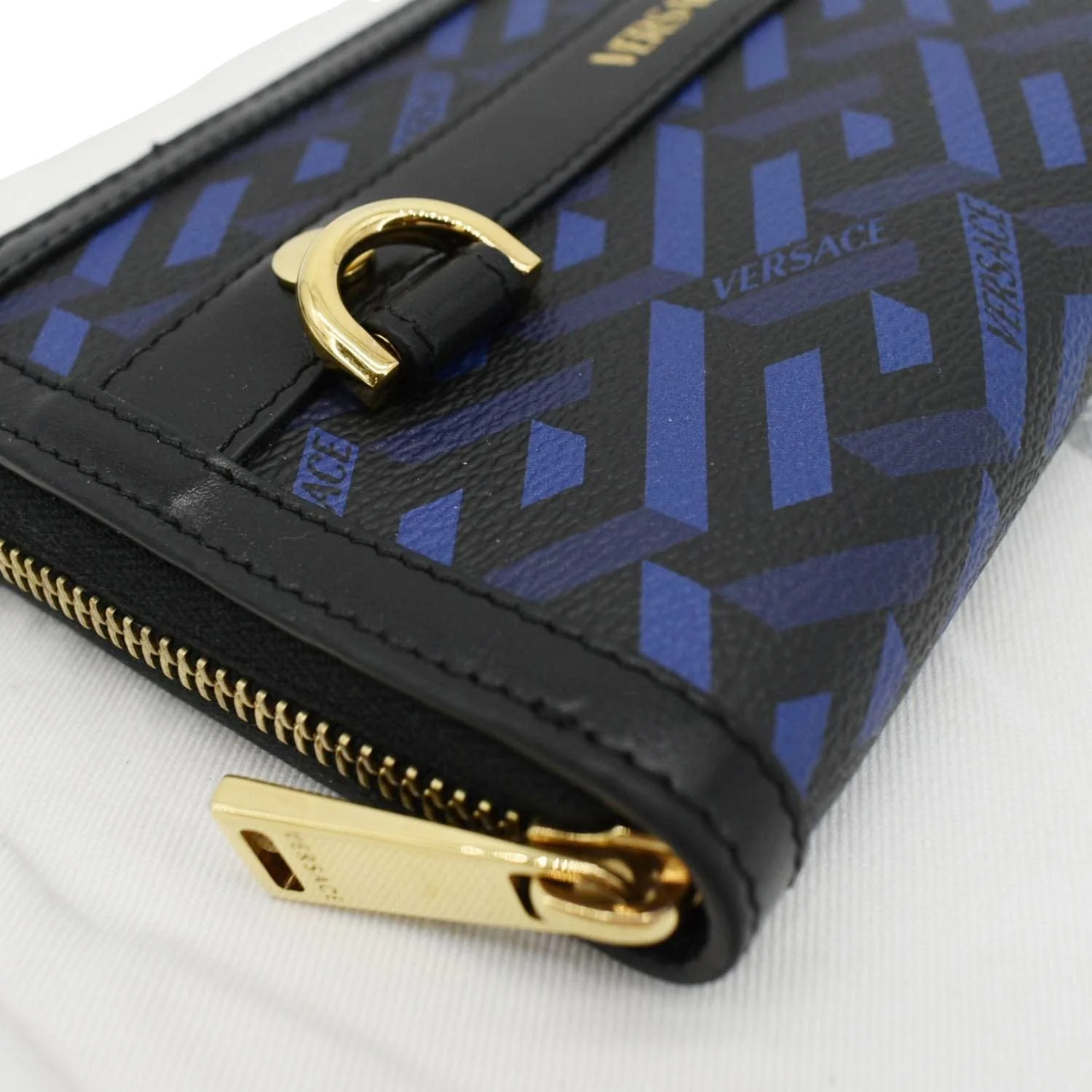 VERSACE La Greca Coated Canvas Long Zip Wallet Blue - Image 8