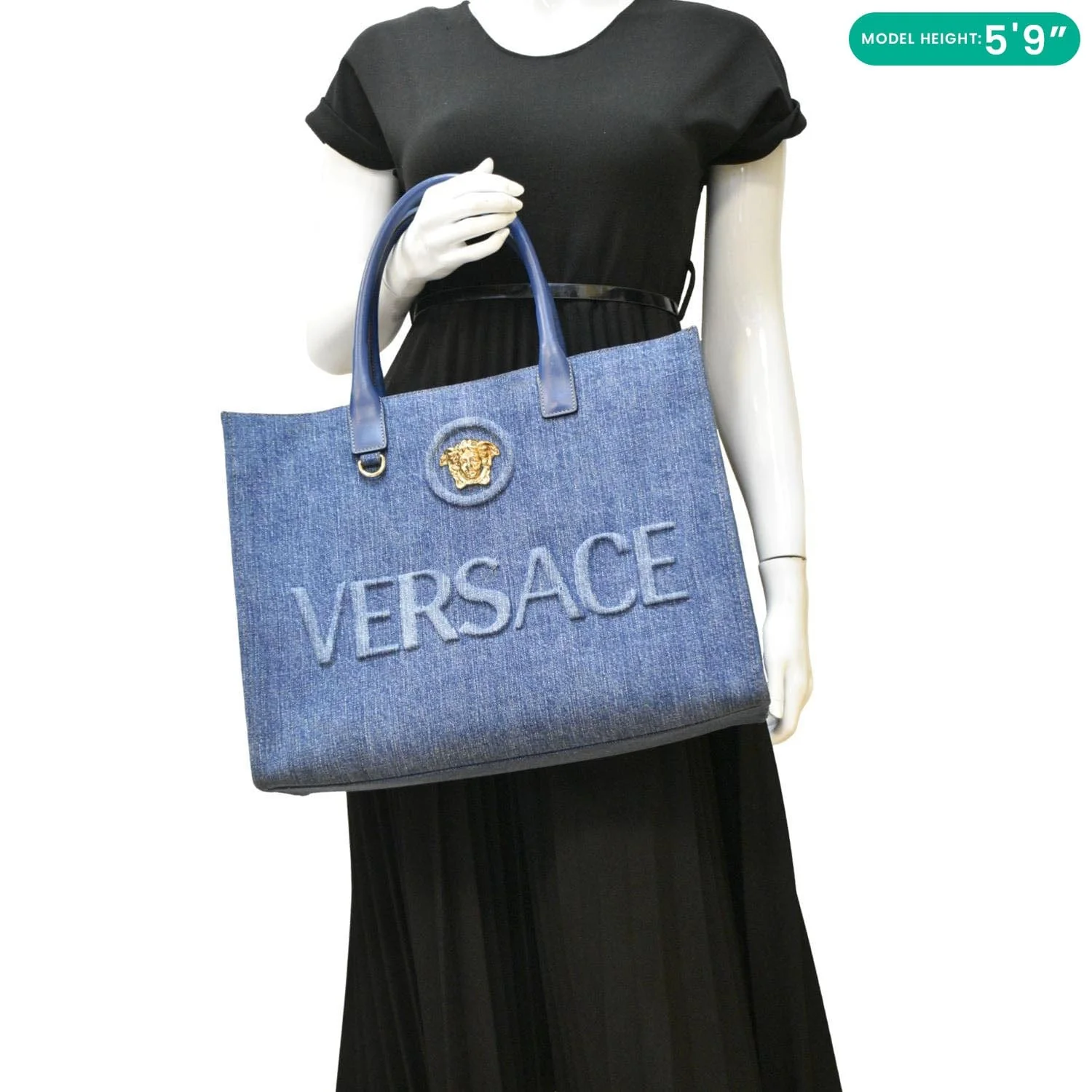 VERSACE La Medusa Large Denim Leather Tote Bag Blue - Image 2