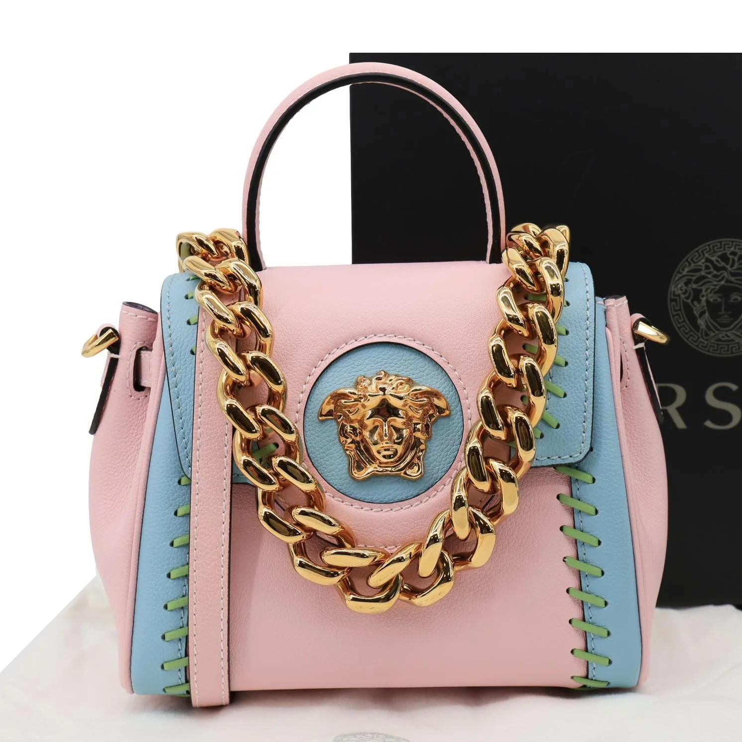 VERSACE La Medusa Whipstitch Calfskin Leather Top Handle Shoulder Bag Pink - Image 3