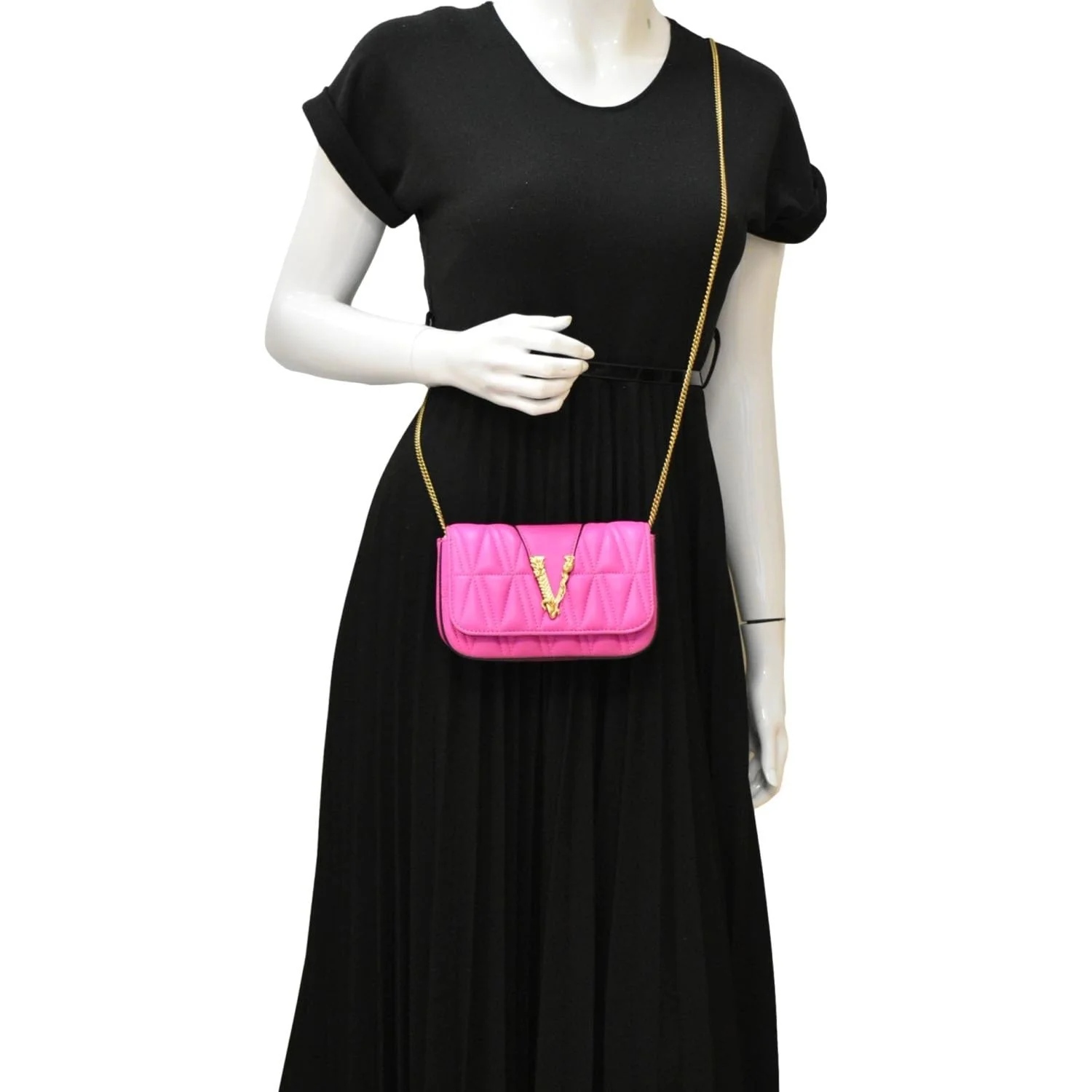 VERSACE Virtus Quilted Leather Chain Crossbody Bag Shock Pink - Image 2