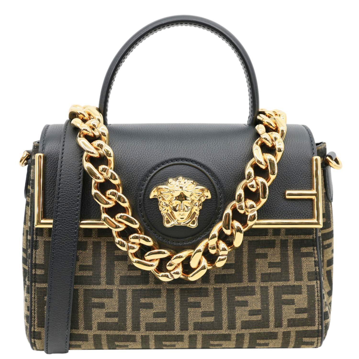 VERSACE X FENDI Fendace Medium La Medusa Zucca Canvas Calfskin Top Handle Shoulder Bag Black