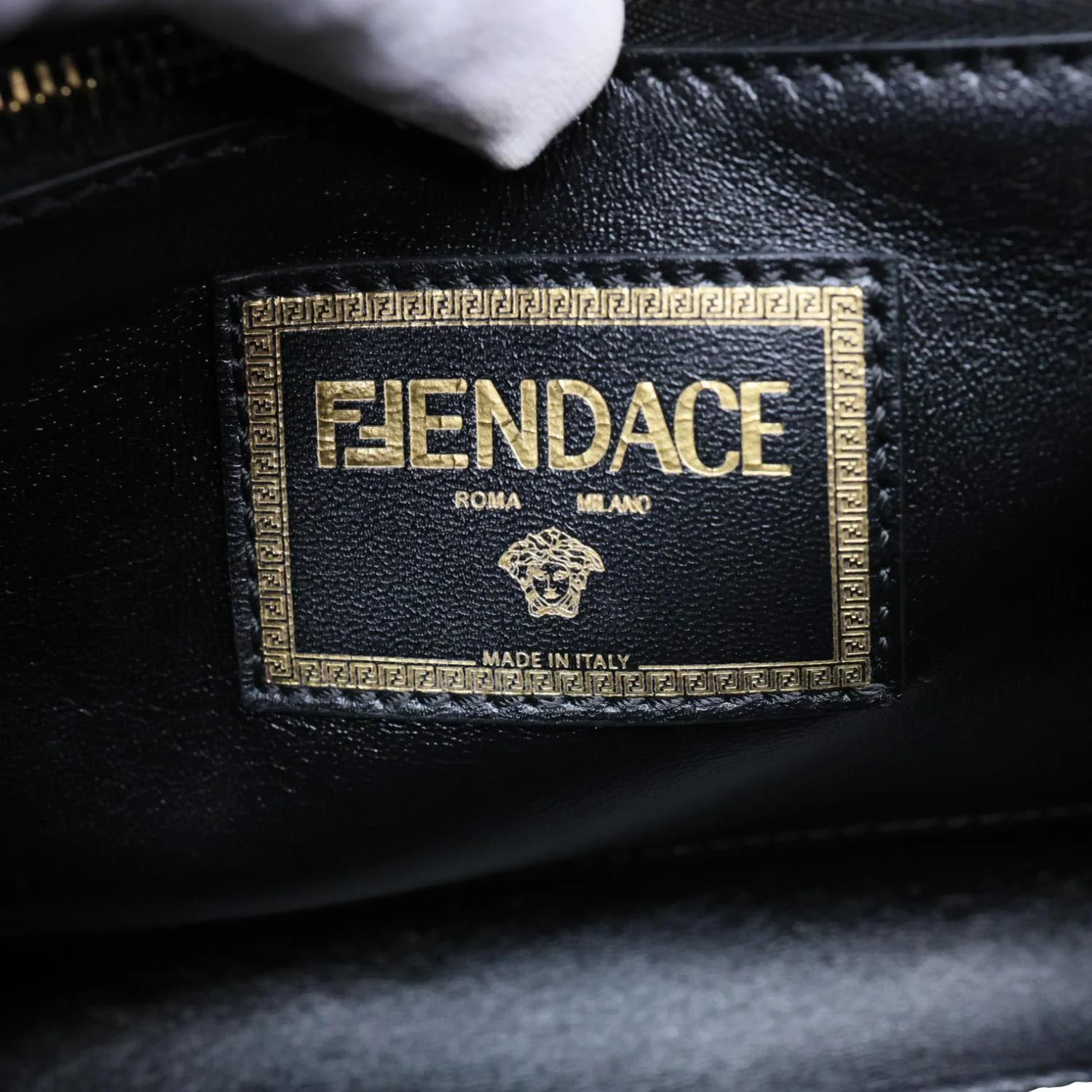 VERSACE X FENDI Fendace Medium La Medusa Zucca Canvas Calfskin Top Handle Shoulder Bag Black - Image 14