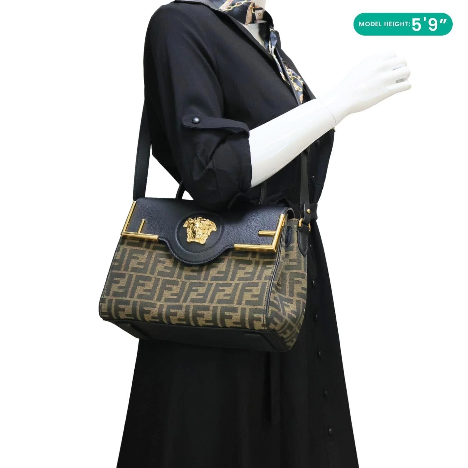 VERSACE X FENDI Fendace Medium La Medusa Zucca Canvas Calfskin Top Handle Shoulder Bag Black - Image 2