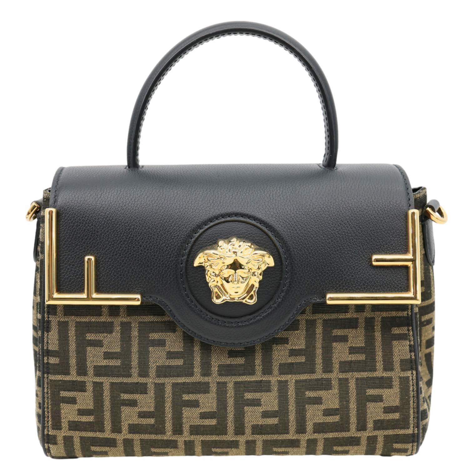 VERSACE X FENDI Fendace Medium La Medusa Zucca Canvas Calfskin Top Handle Shoulder Bag Black - Image 4