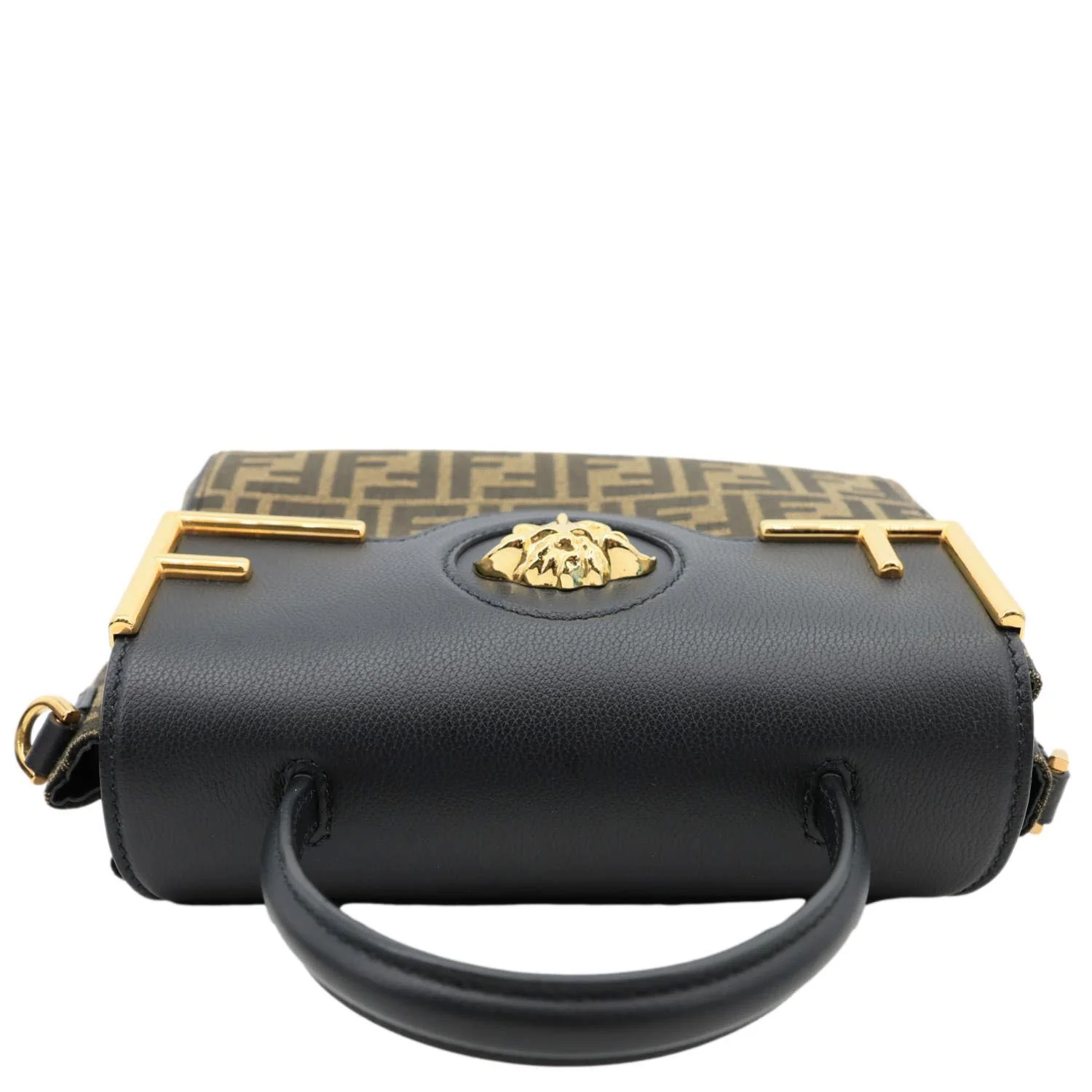 VERSACE X FENDI Fendace Medium La Medusa Zucca Canvas Calfskin Top Handle Shoulder Bag Black - Image 6
