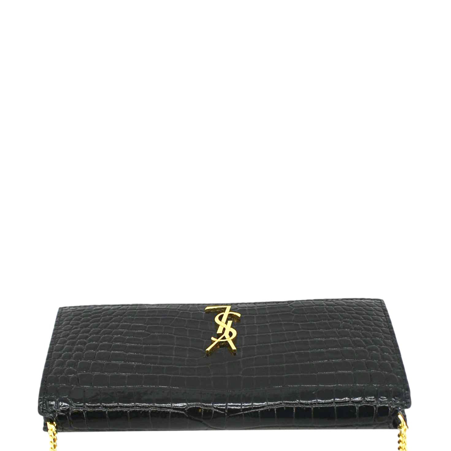 YVES SAINT LAURENT Monogram Crocodile Embossed Leather Phone Holder Black - Image 4