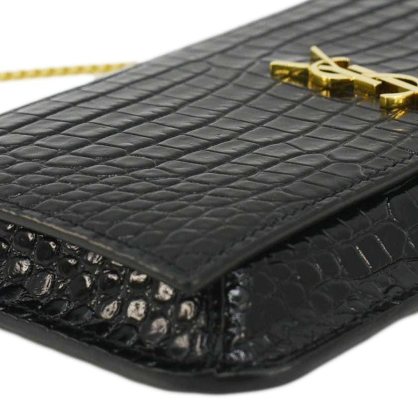 YVES SAINT LAURENT Monogram Crocodile Embossed Leather Phone Holder Black - Image 8
