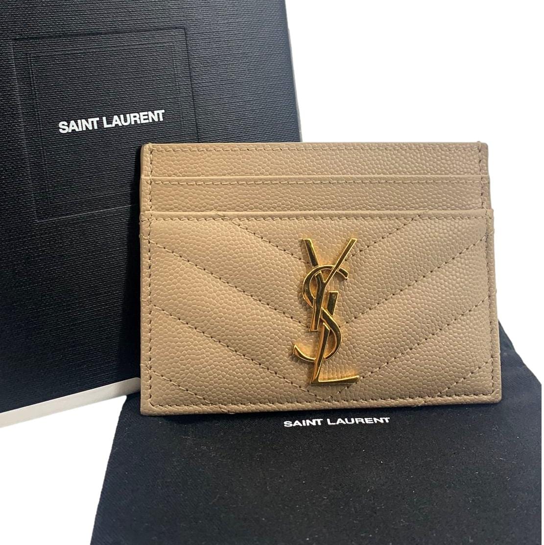 YVES SAINT LAURENT Monogram Grain Leather Card Case Beige - Image 2