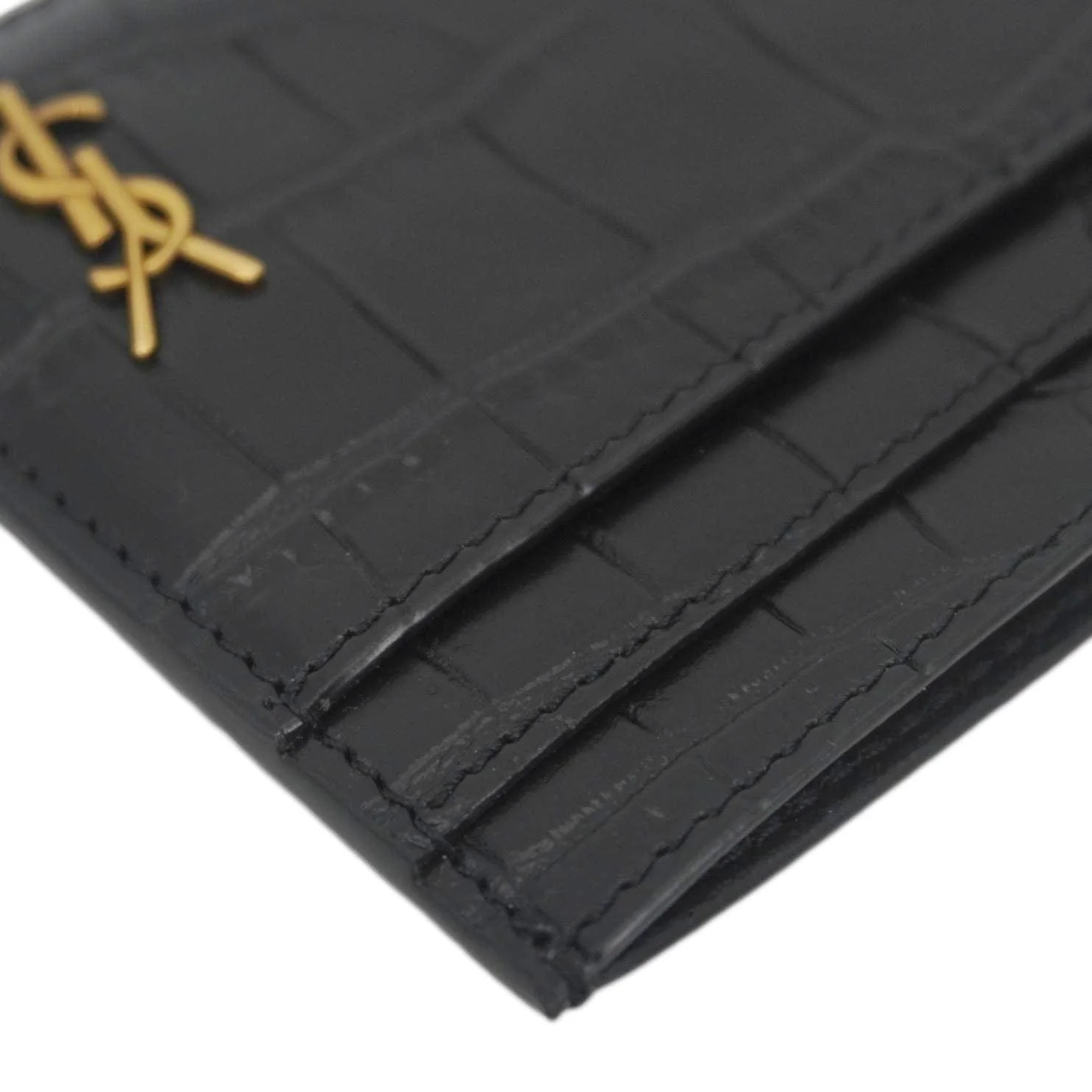 YVES SAINT LAURENT Croc Embossed Leather Card holder Black - Image 9