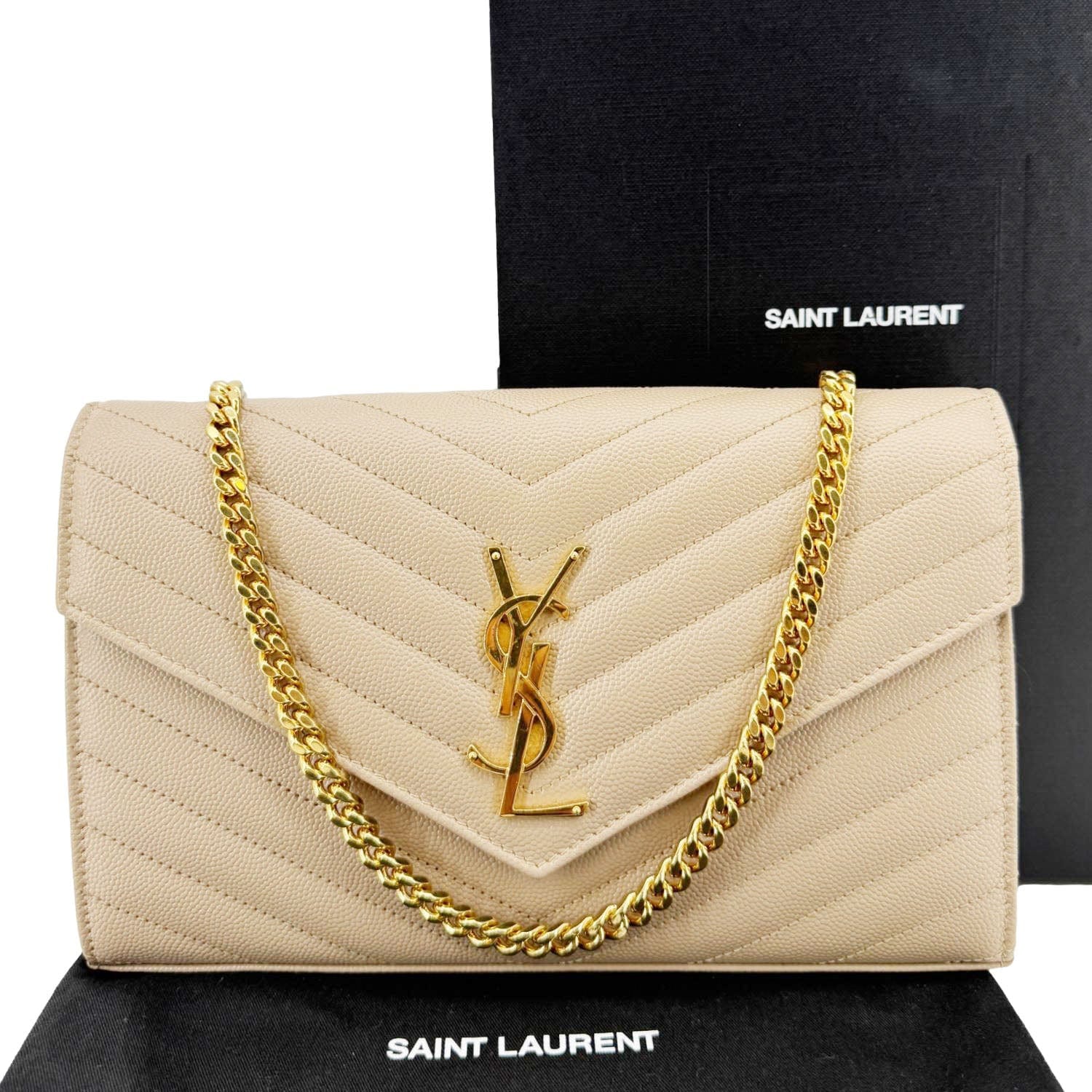 YVES SAINT LAURENT Cassandre Leather Wallet On Chain Crossbody Bag Nude Powder - Image 3