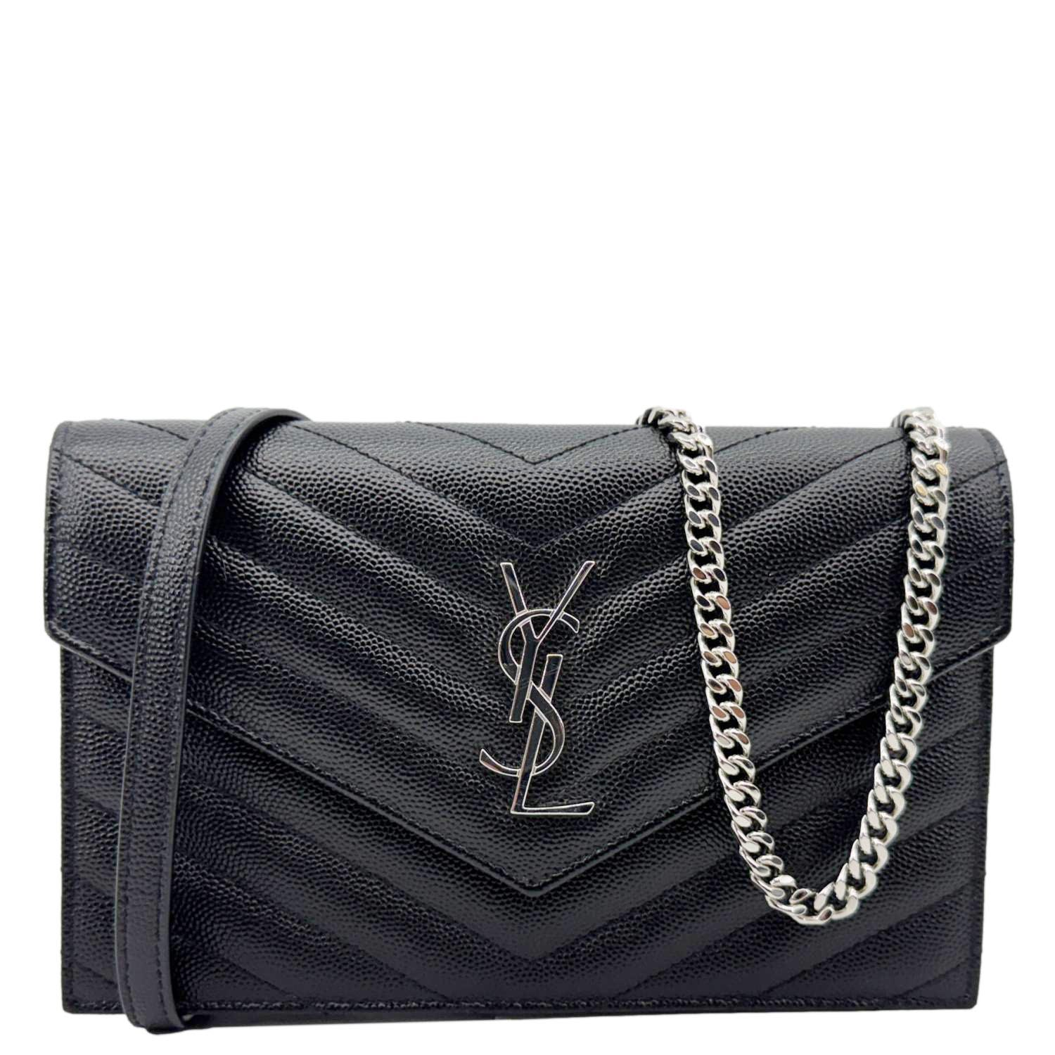 YVES SAINT LAURENT Cassandre Leather Wallet On Chain Crossbody Bag Black