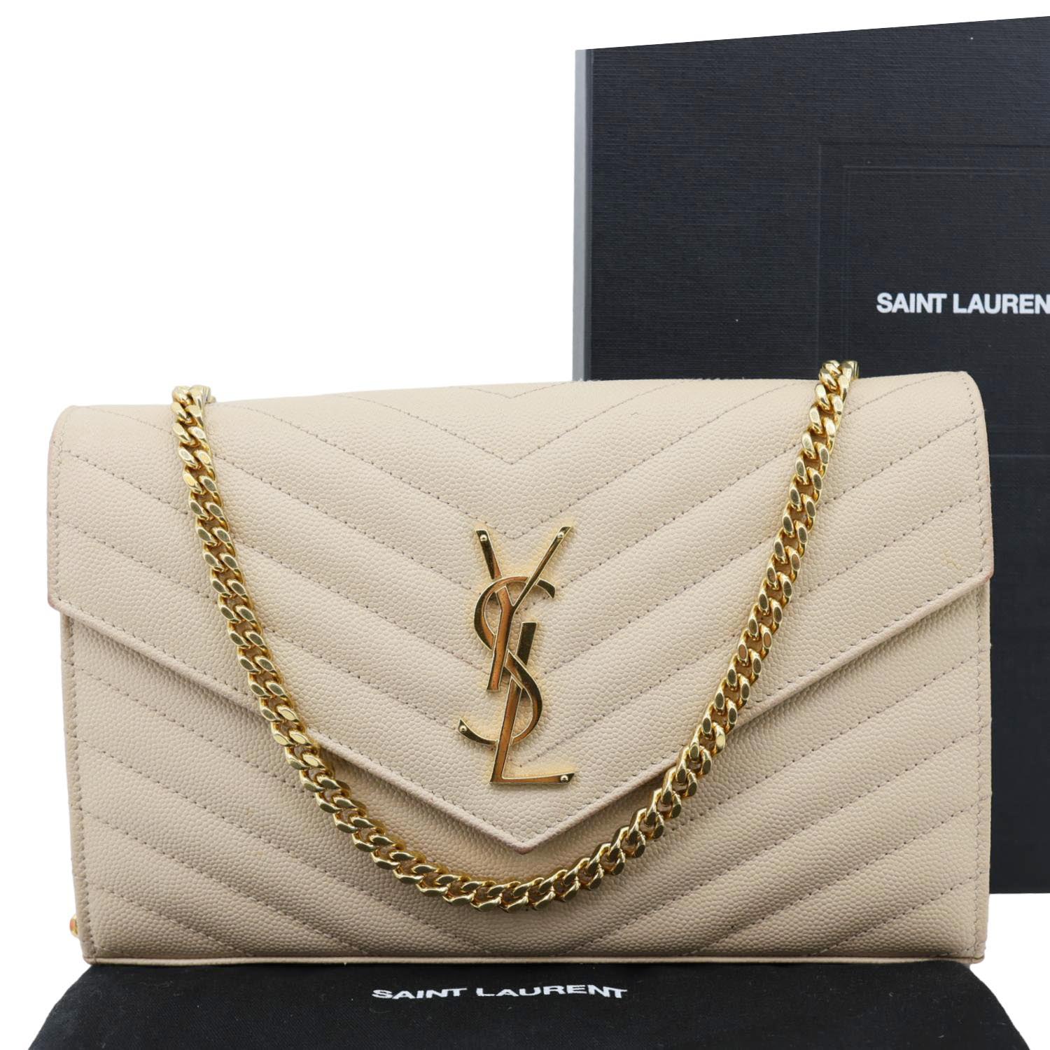 YVES SAINT LAURENT Envelope Grain De Poudre Chevron Leather Wallet On Chain Beige - Image 3