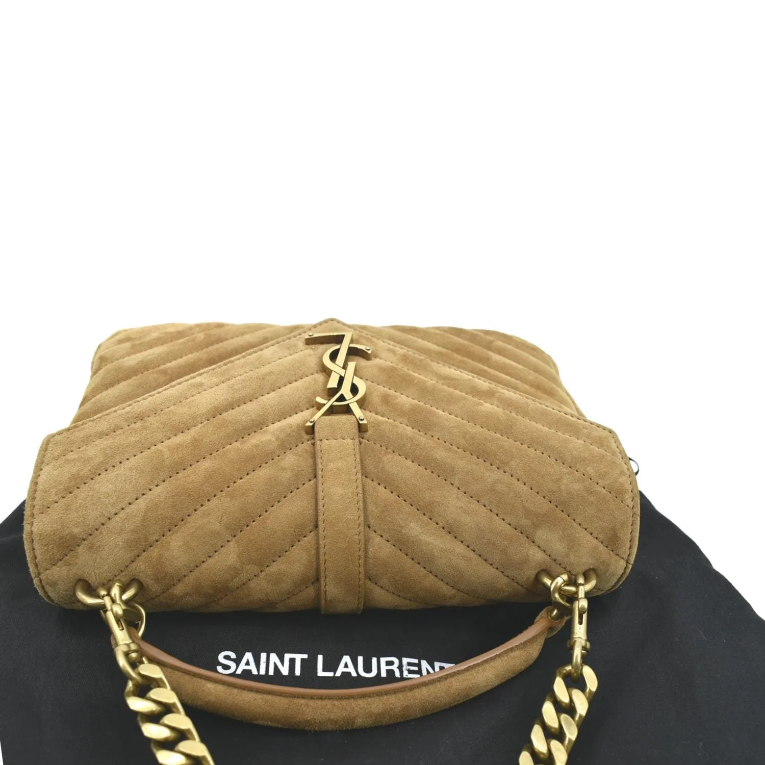 YVES SAINT LAURENT College Chevron Suede Shoulder Chain Bag Camel - Image 4