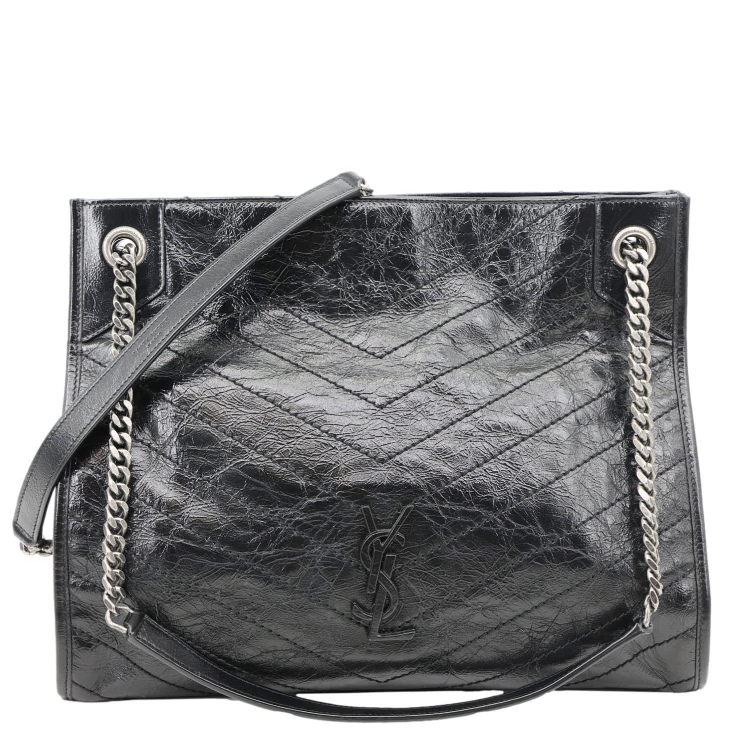 YVES SAINT LAURENT Niki Crinkle Leather Shopper Tote Bag Black