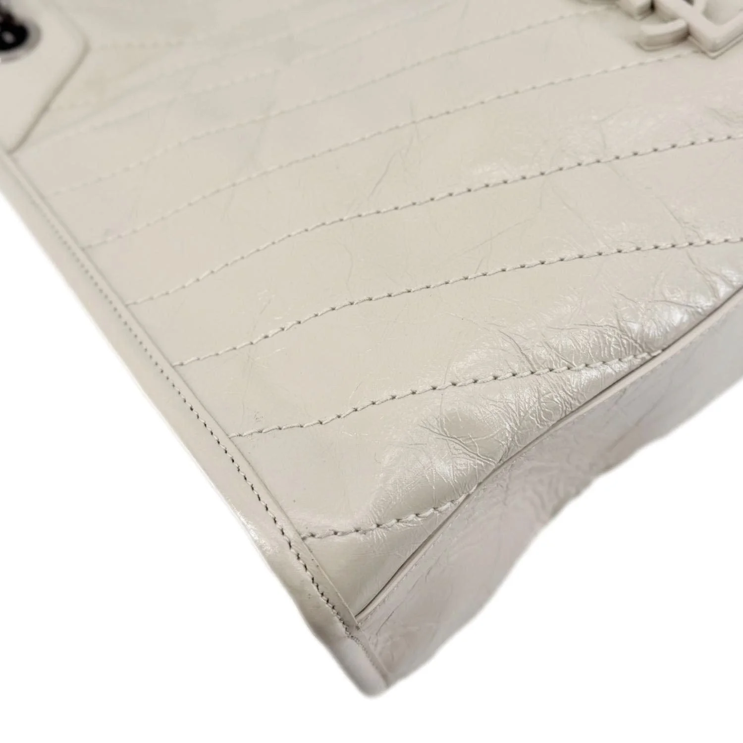 YVES SAINT LAURENT Niki Crinkled Leather Shopper Tote Bag Off White - Image 9