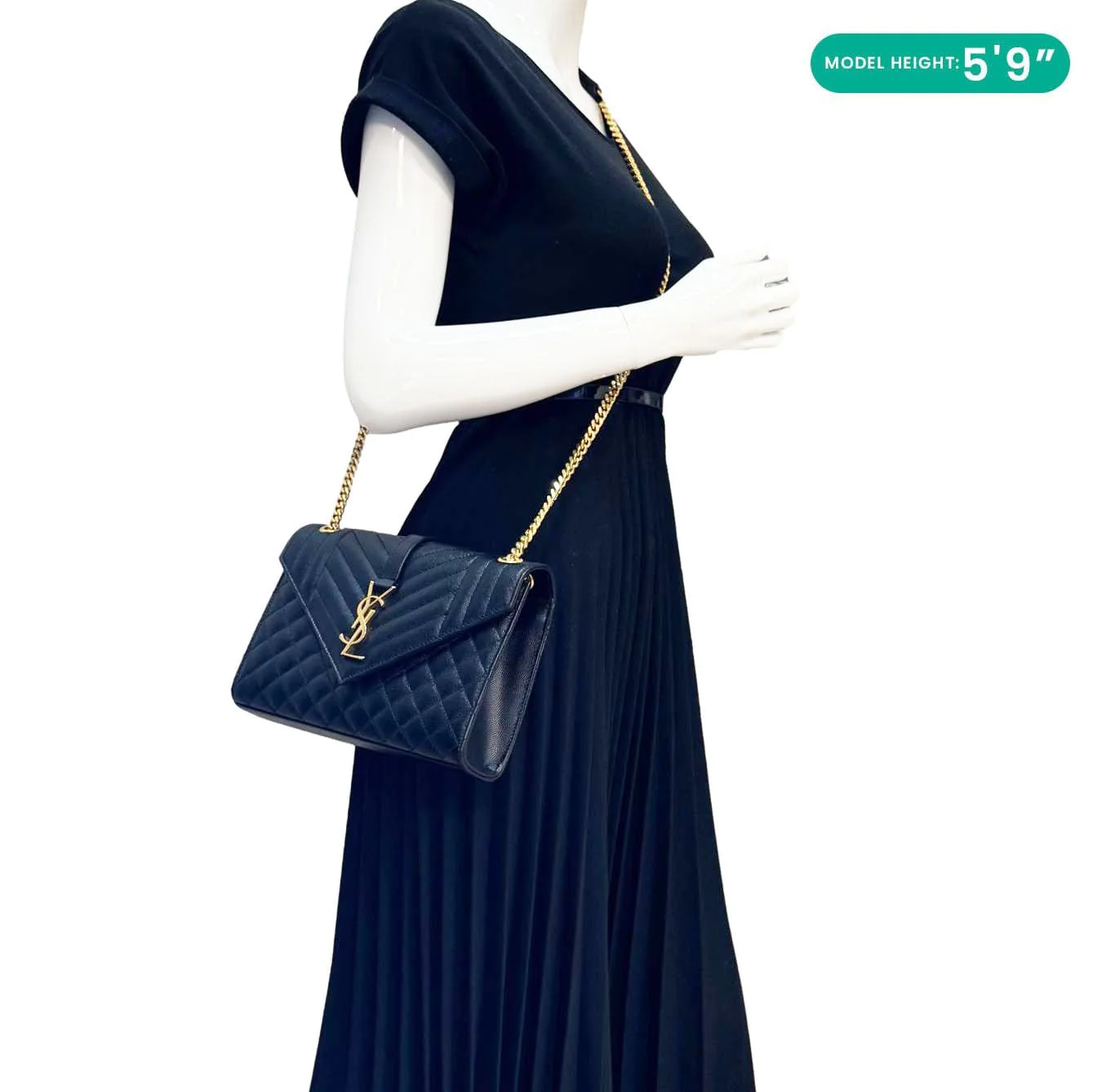 YVES SAINT LAURENT Envelope Flap Quilted Caviar Leather Chain Shoulder Bag Black - Image 2