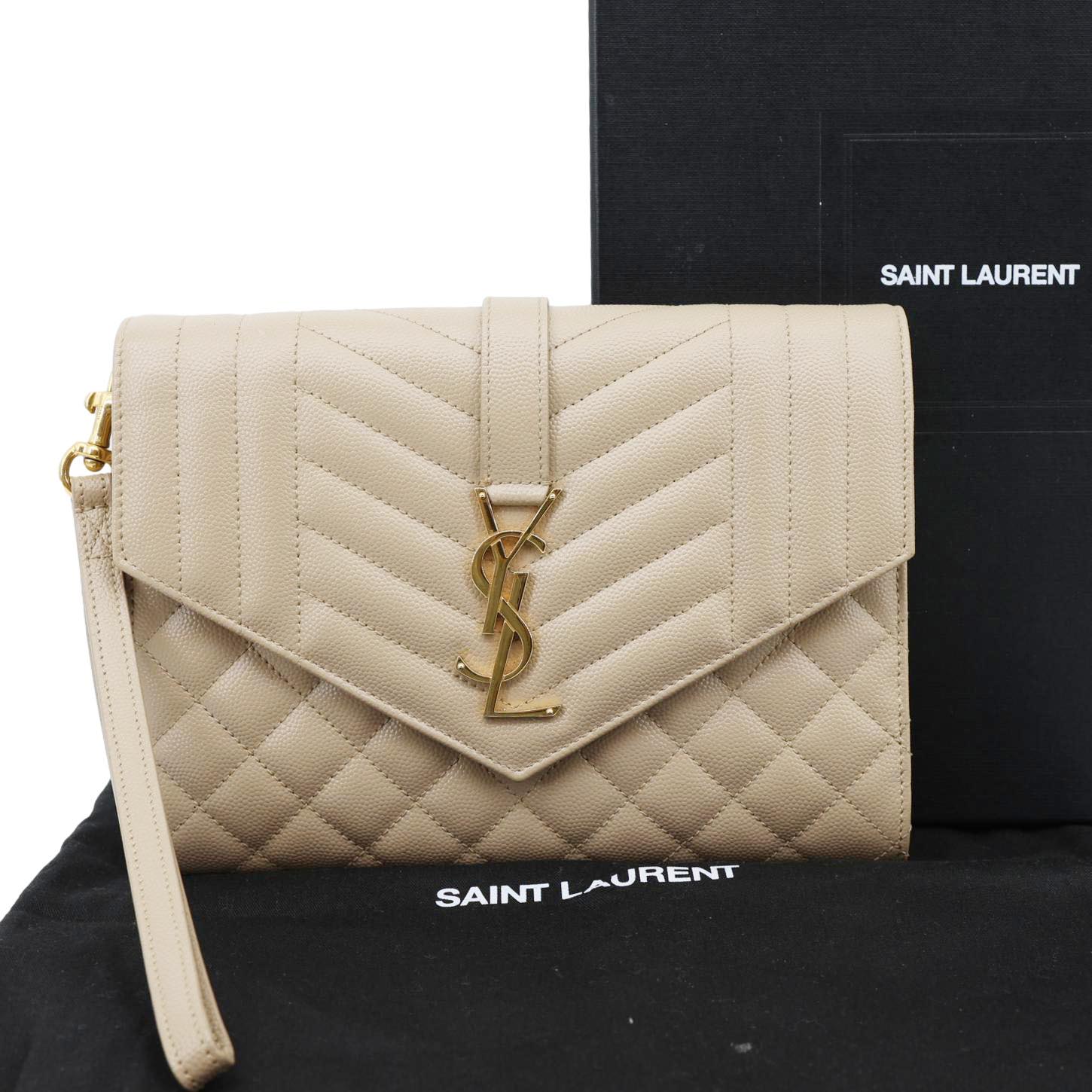 YVES SAINT LAURENT Monogram Envelope Grain De Poudre Leather Clutch Beige - Image 3