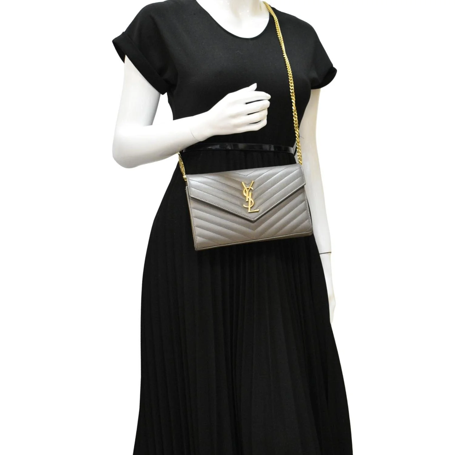 YVES SAINT LAURENT Kate Leather Chain Clutch Crossbody Bag Grey - Image 2