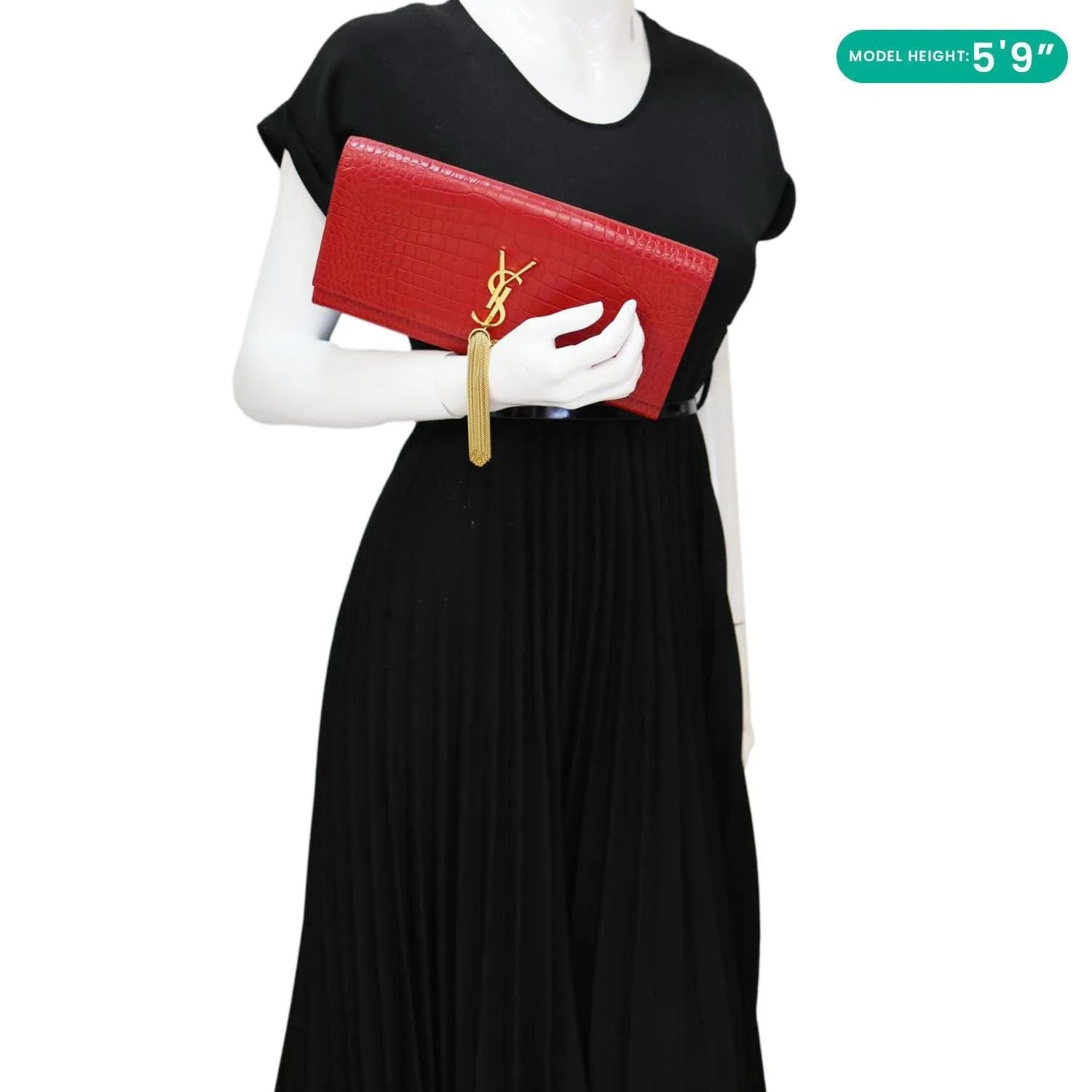 YVES SAINT LAURENT Kate Tassel Crocodile Embossed Leather Wallet Red - Image 2