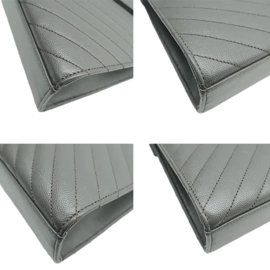 YVES SAINT LAURENT Large Envelope Chevron Leather Shoulder Bag Gray - Image 6