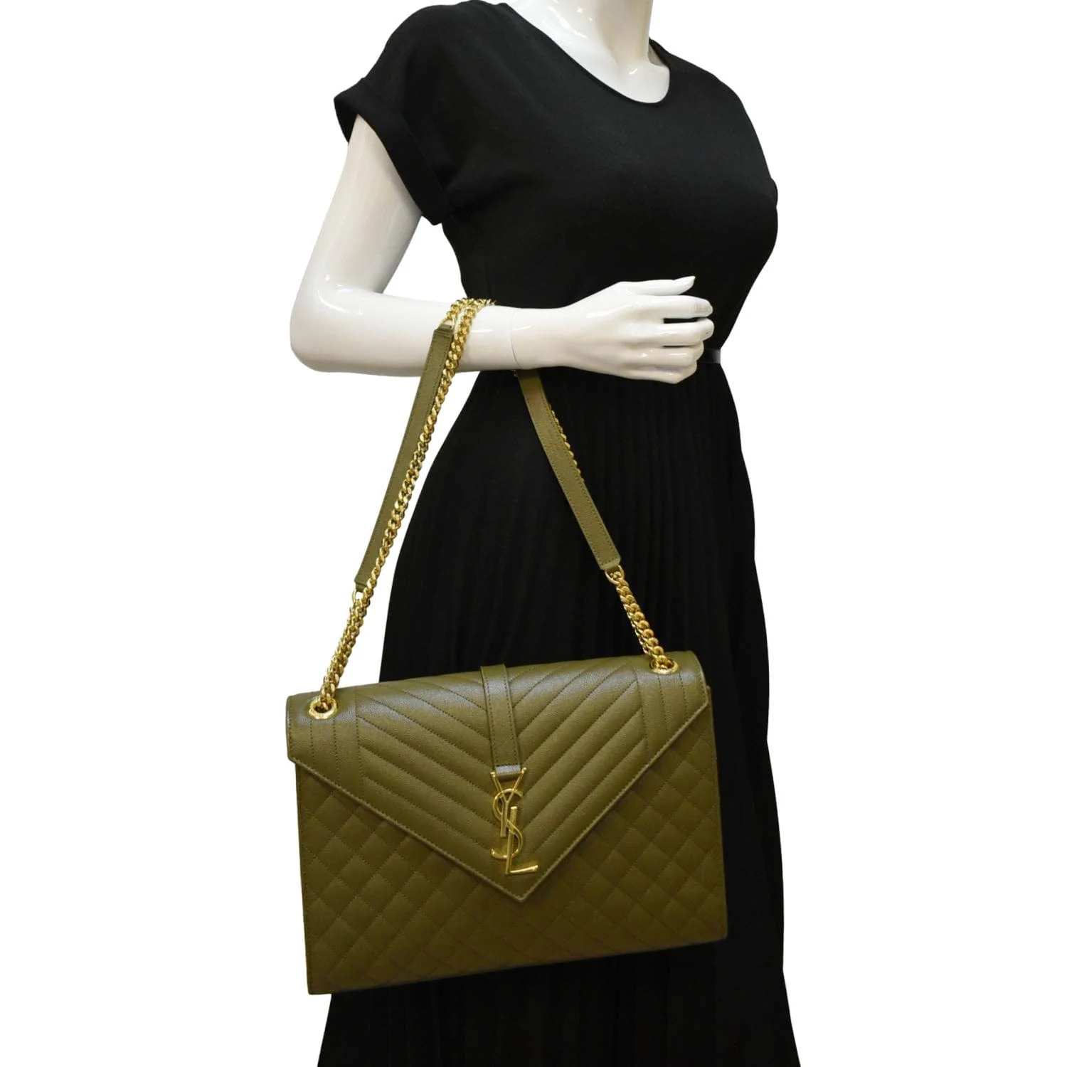 YVES SAINT LAURENT Large Envelope Flap Matelasse Leather Shoulder Bag Khaki Green - Image 2