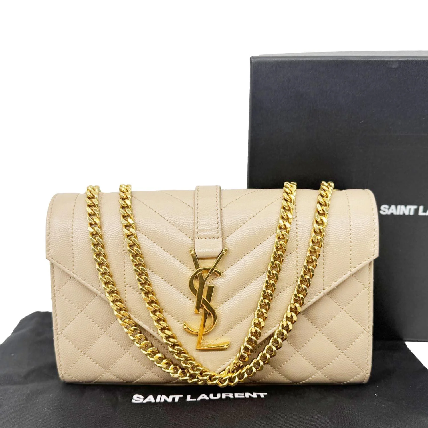 YVES SAINT LAURENT Envelope Monogram Mix Matelasse Leather Wallet on Chain Beige - Image 3