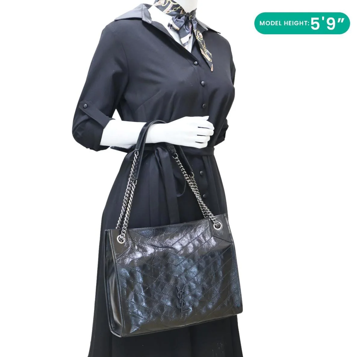 YVES SAINT LAURENT Niki Medium Crinkled Leather Shopping Tote Bag Black - Image 2