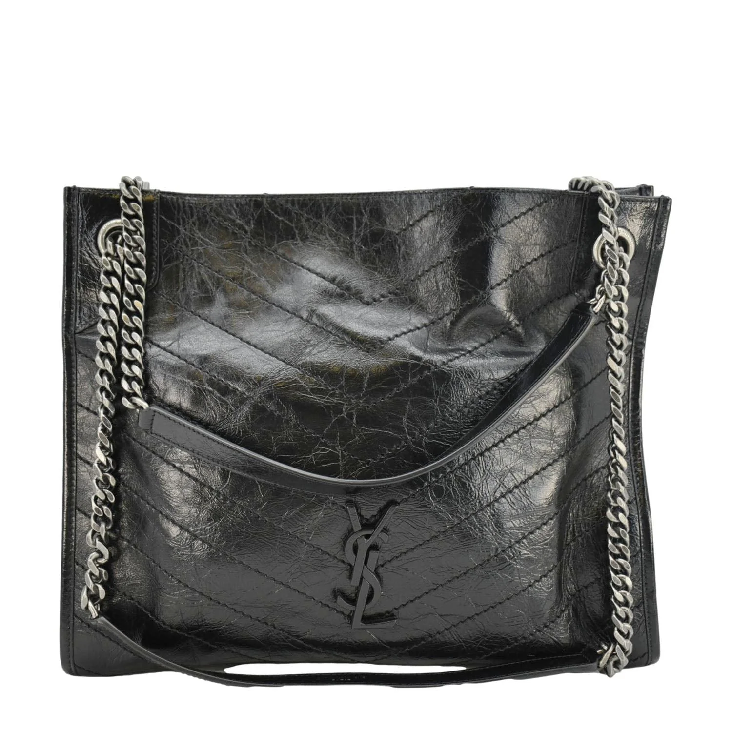 YVES SAINT LAURENT Niki Crinkle Leather Shopper Tote Bag Black - Image 4