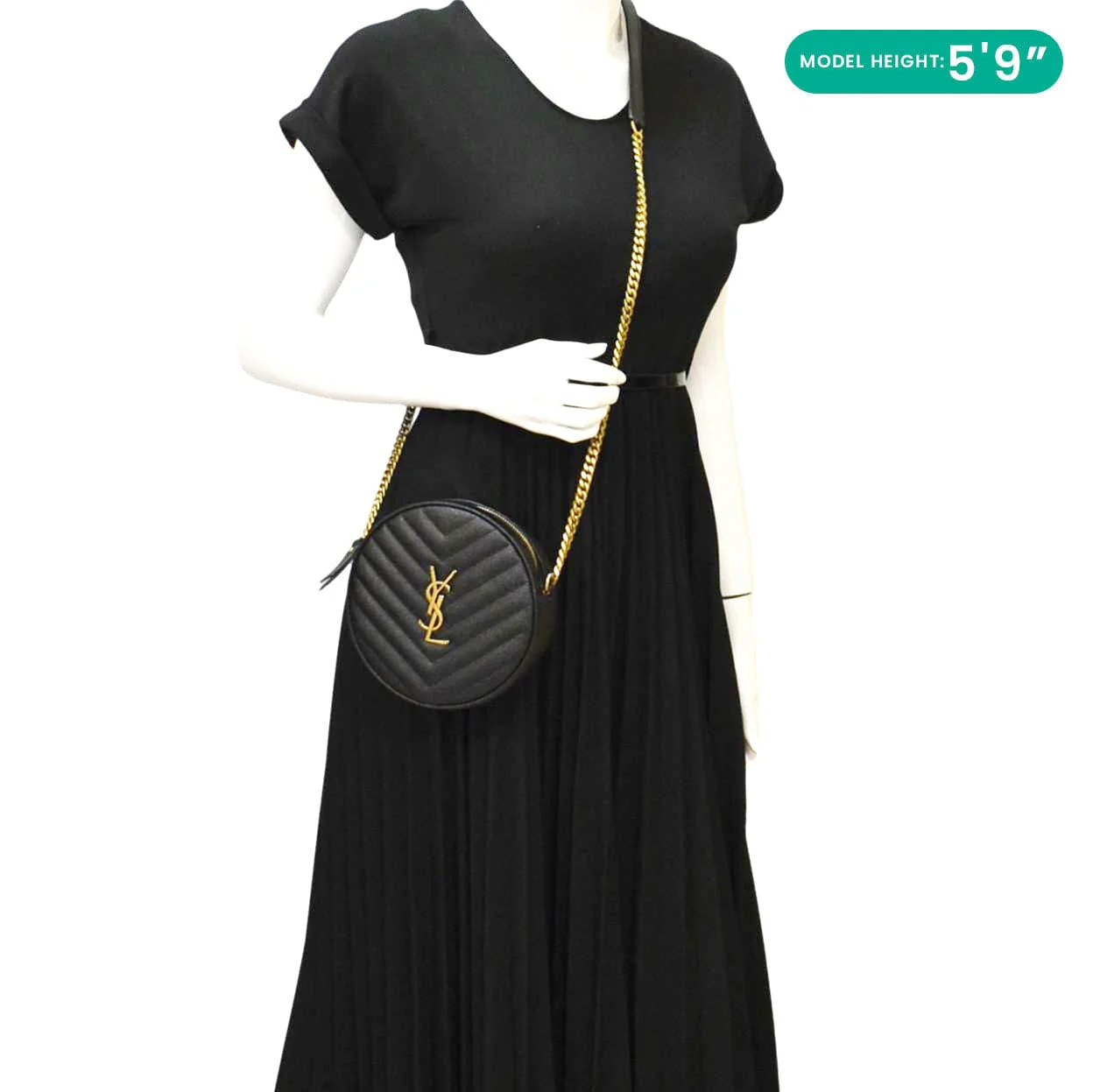 YVES SAINT LAURENT Vinyle Round Chevron Leather Camera Crossbody Bag Black - Image 2