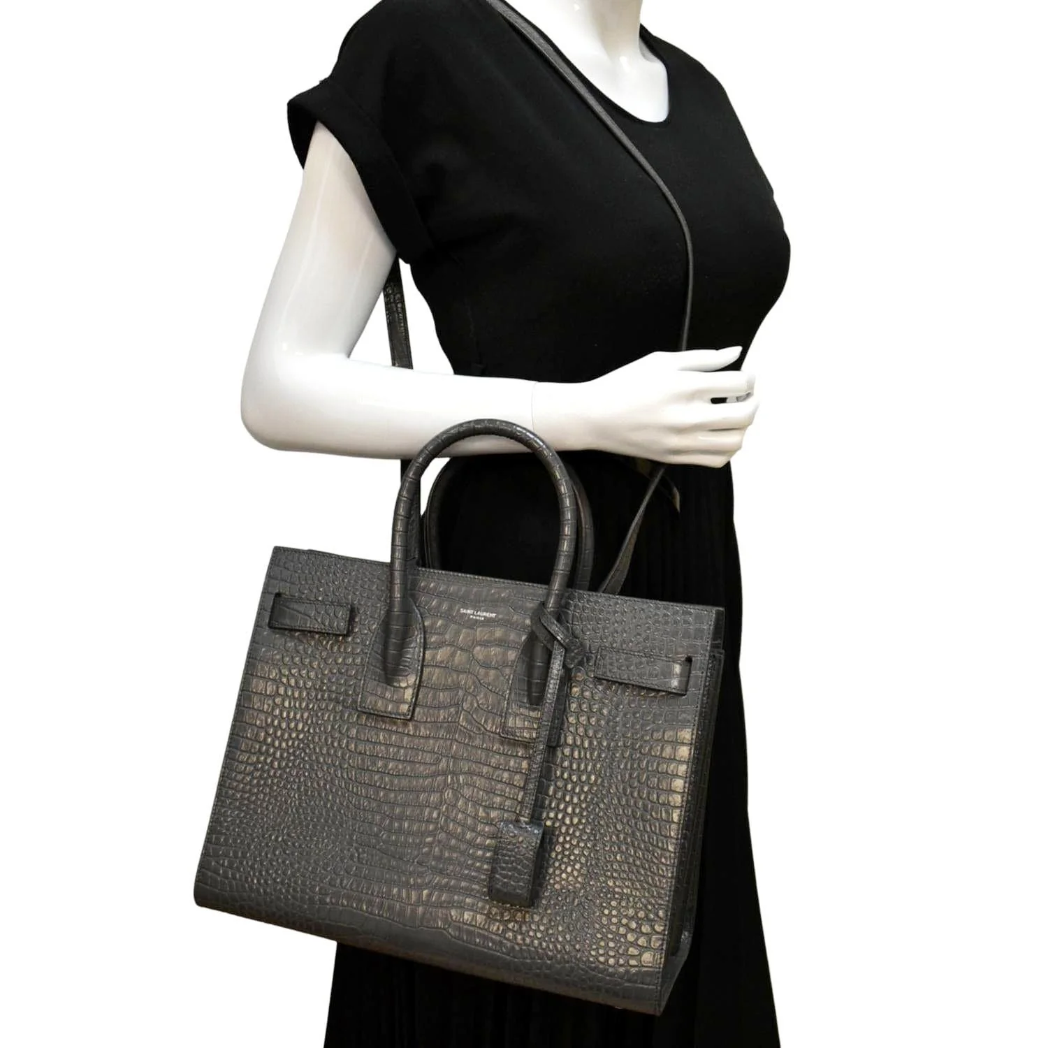 YVES SAINT LAURENT Sac de Jour Crocodile-Embossed Satchel Bag Grey - Image 2