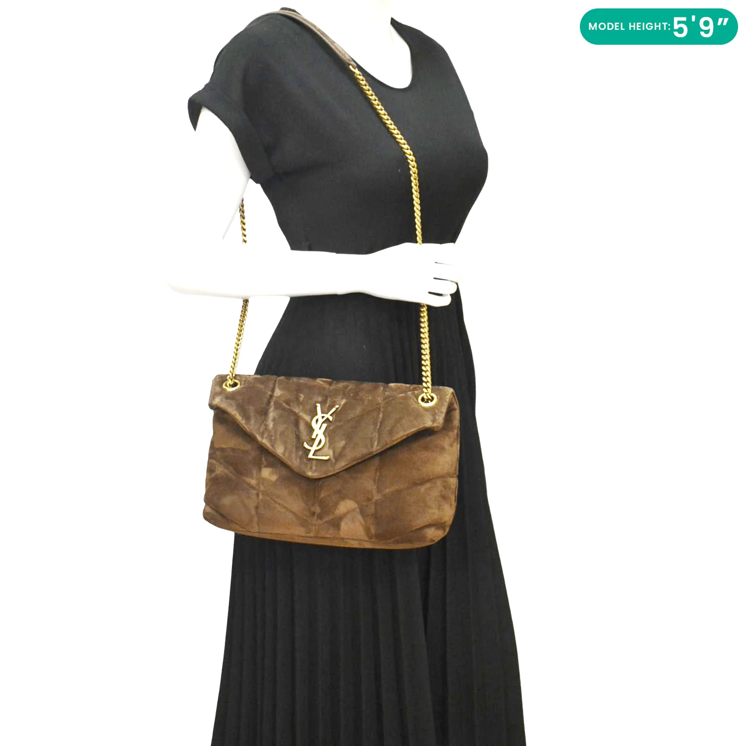 YVES SAINT LAURENT Loulou Puffer Quilted Suede Chain Shoulder Bag Brown - Image 2