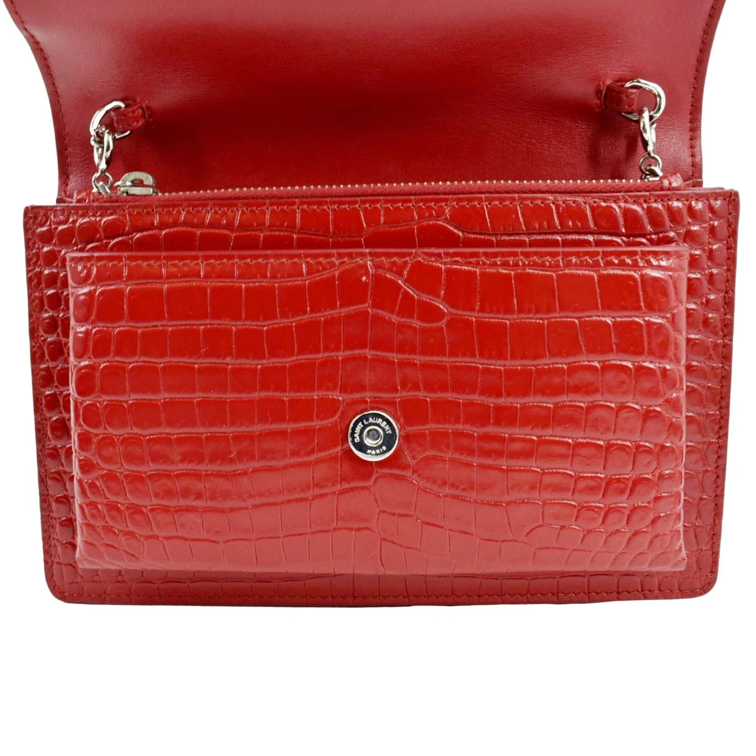 YVES SAINT LAURENT Sunset Crocodile Embossed Leather Crossbody Bag Red - Image 11