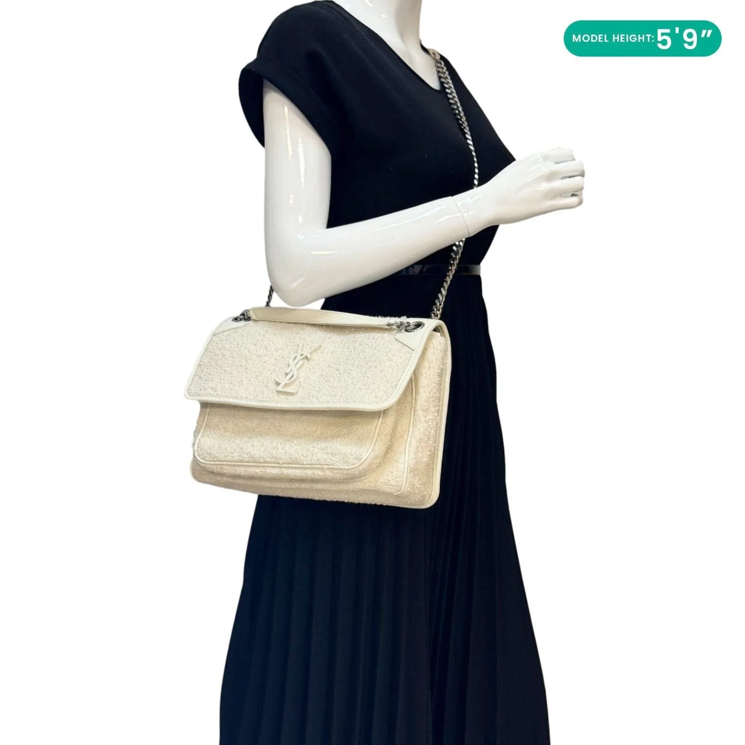 YVES SAINT LAURENT Niki Tweed Chain Crossbody Bag White - Image 2