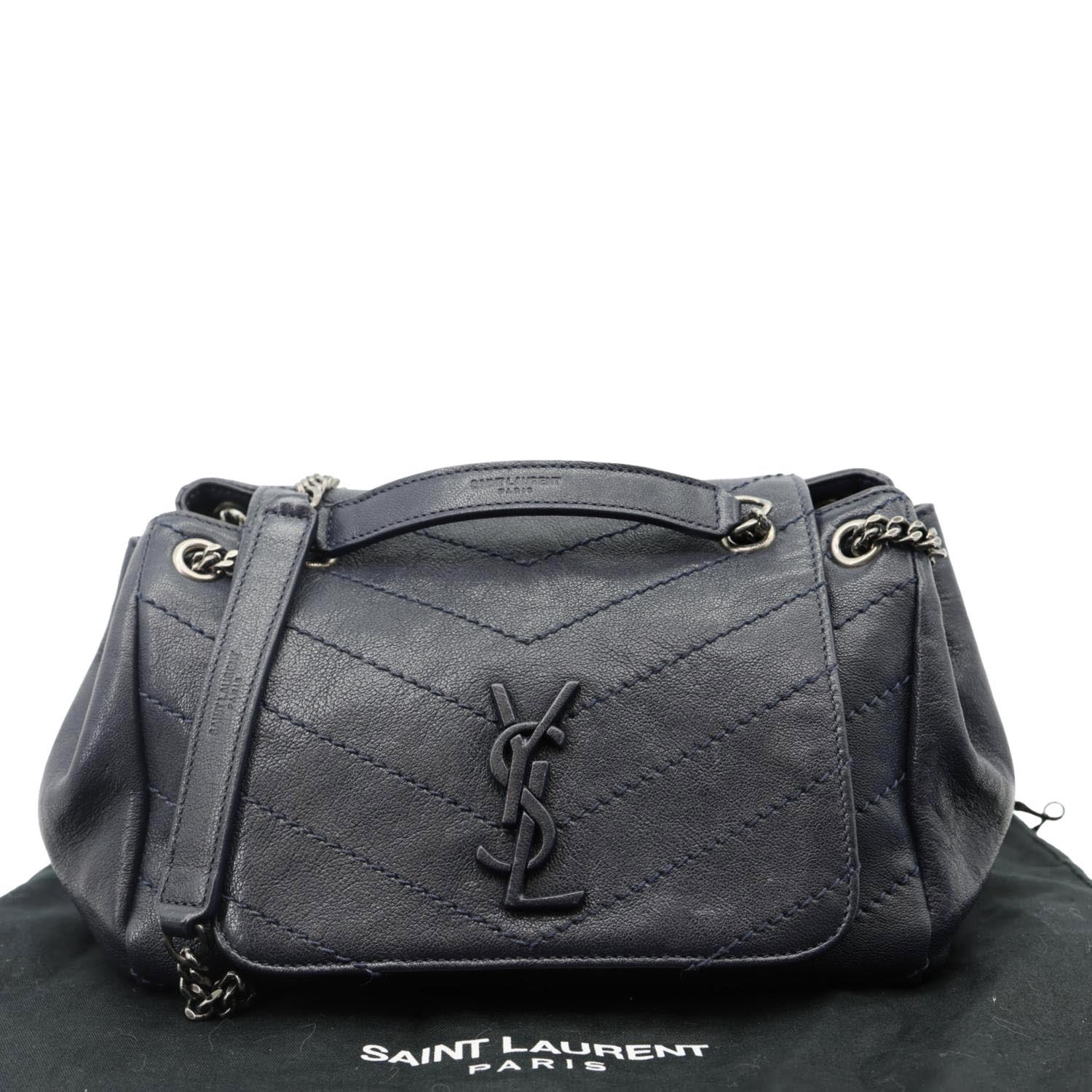 YVES SAINT LAURENT Vintage Monogram Nolita Chevron Leather Shoulder Bag Navy Blue - Image 3