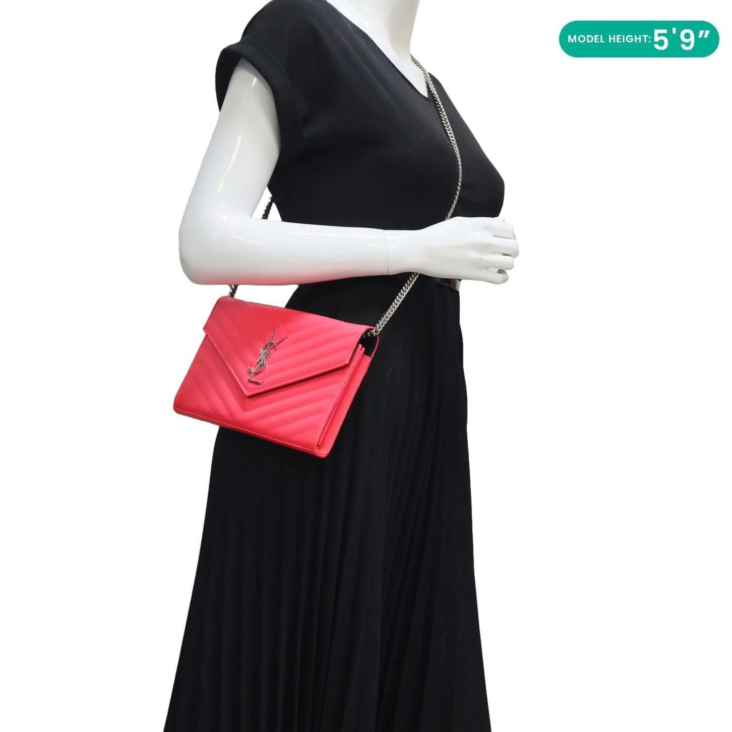 YVES SAINT LAURENT Monogram Grain De Poudre Chevron Leather Wallet On Chain Neon Pink - Image 2
