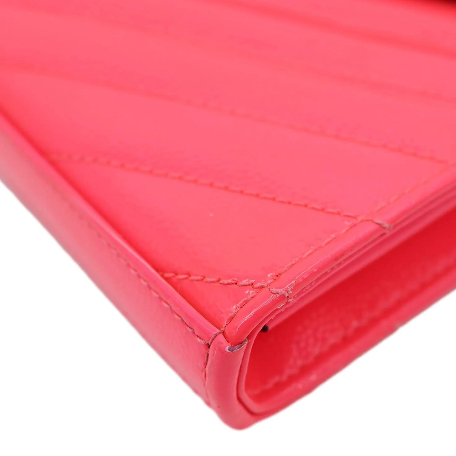 YVES SAINT LAURENT Monogram Grain De Poudre Chevron Leather Wallet On Chain Neon Pink - Image 8
