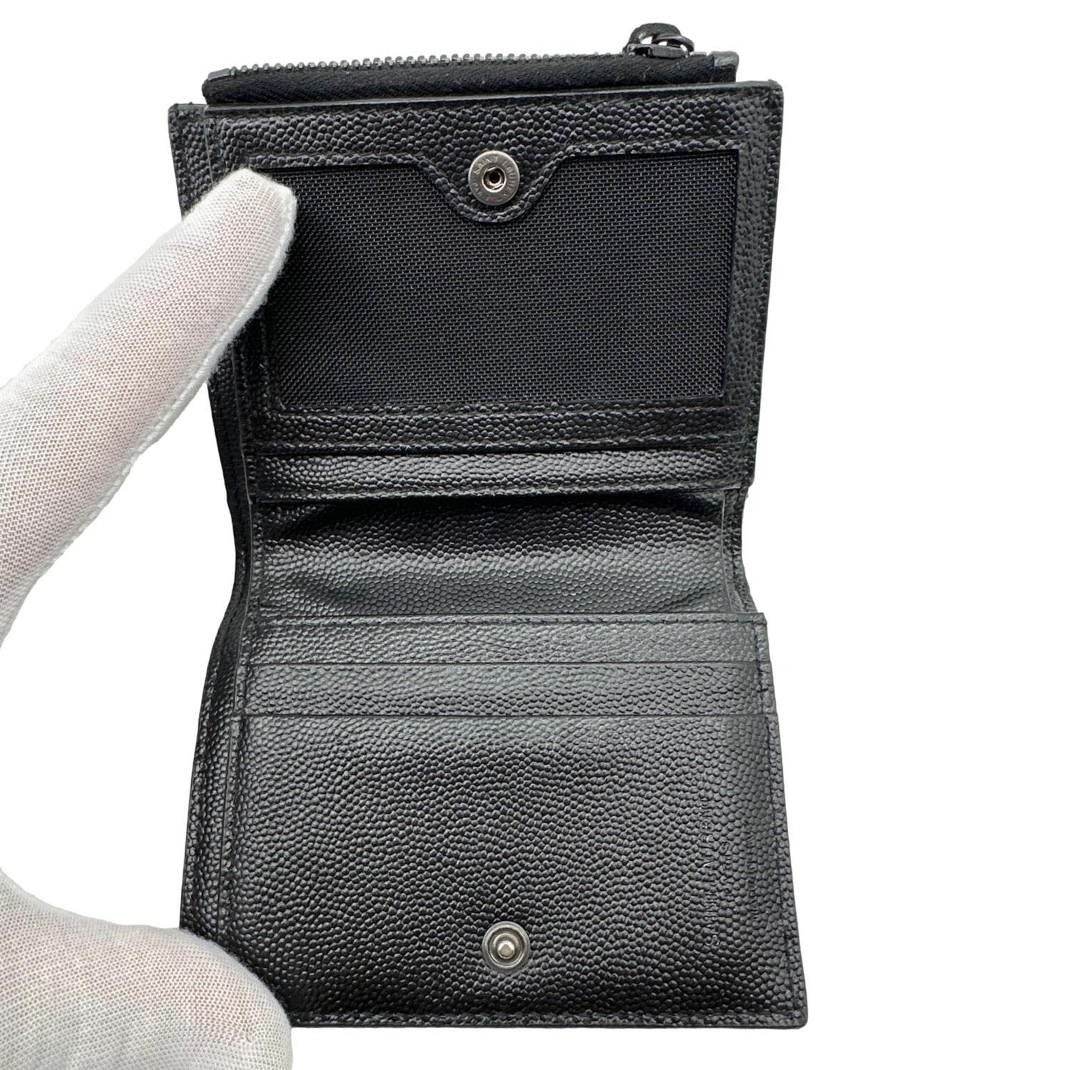 YVES SAINT LAURENT Monogram Grain De Poudre Chevron Leather Zipped Wallet Black - Image 9
